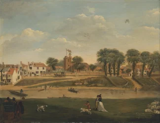 Die alte Pfarrkirche und das Dorf, Hampton-on-Thames, Middlesex, 18. Jahrhundert